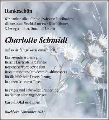 Traueranzeige von Charlotte Schmidt von Märkische Oderzeitung