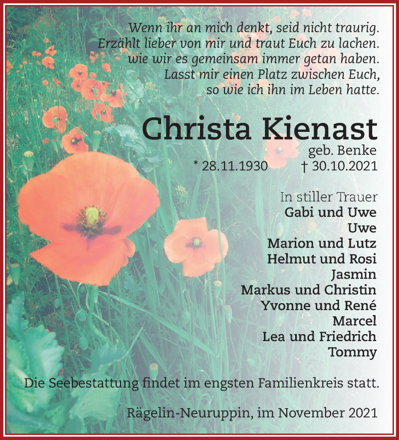 Traueranzeigen Von Christa Kienast Märkische Onlinezeitung Trauerportal 