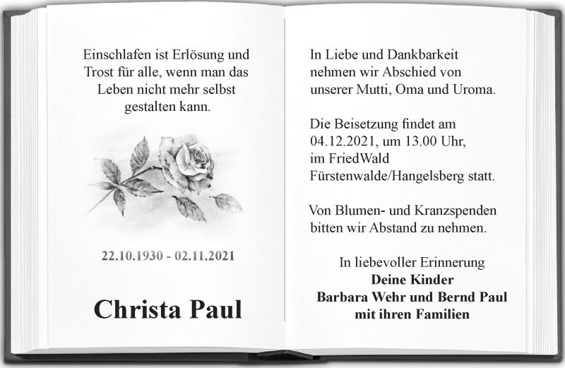 Traueranzeigen Von Christa Paul Märkische Onlinezeitung Trauerportal 