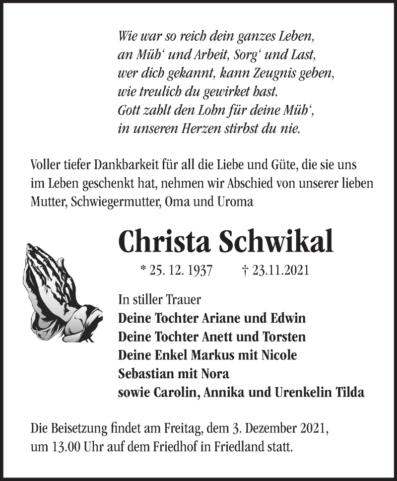  Traueranzeige für Christa Schwikal vom 27.11.2021 aus Märkische Oderzeitung