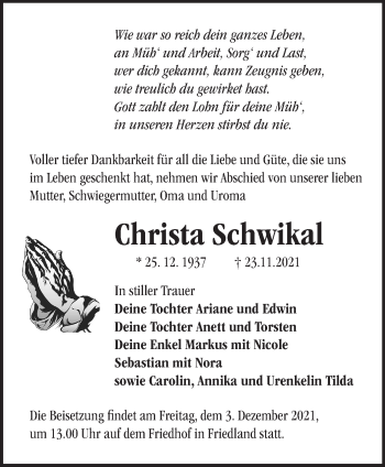 Traueranzeige von Christa Schwikal von Märkische Oderzeitung