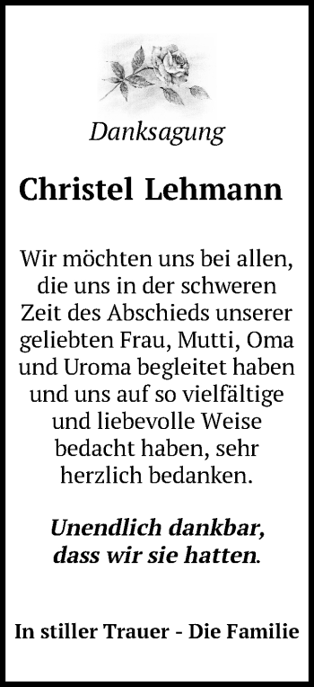 Traueranzeige von Christel Lehmann von Märkische Oderzeitung