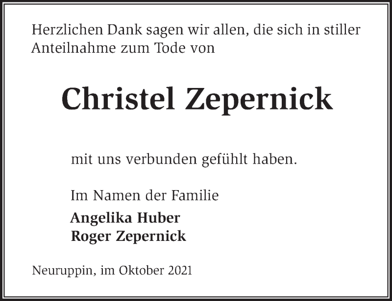  Traueranzeige für Christel Zepernick vom 06.11.2021 aus Märkische Oderzeitung