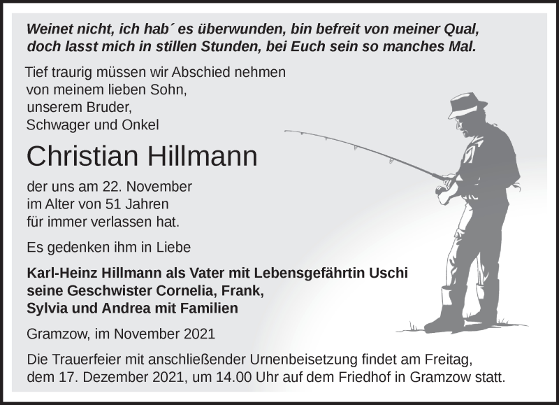  Traueranzeige für Christian Hillmann vom 27.11.2021 aus Märkische Oderzeitung