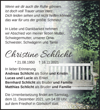 Traueranzeige von Christine Schlicht von Märkische Oderzeitung