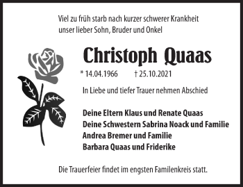 Traueranzeige von Christoph Quaas von Märkische Oderzeitung