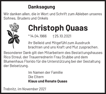 Traueranzeige von Christoph Quaas von Märkische Oderzeitung