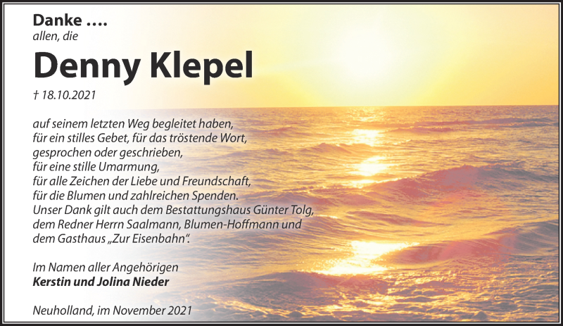  Traueranzeige für Denny Klepel vom 20.11.2021 aus Märkische Oderzeitung