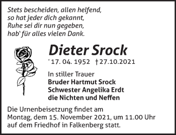 Traueranzeige von Dieter Srock von Märkische Oderzeitung