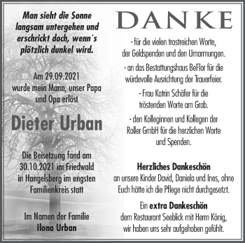 Traueranzeige von Dieter Urban von Märkische Oderzeitung