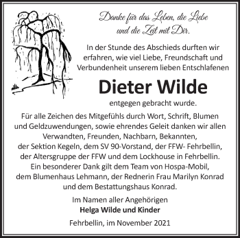 Traueranzeige von Dieter Wilde von Märkische Oderzeitung