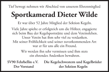 Traueranzeige von Dieter Wilde von Märkische Oderzeitung