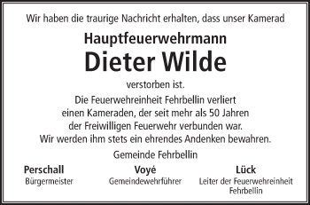 Traueranzeige von Dieter Wilde von Märkische Oderzeitung