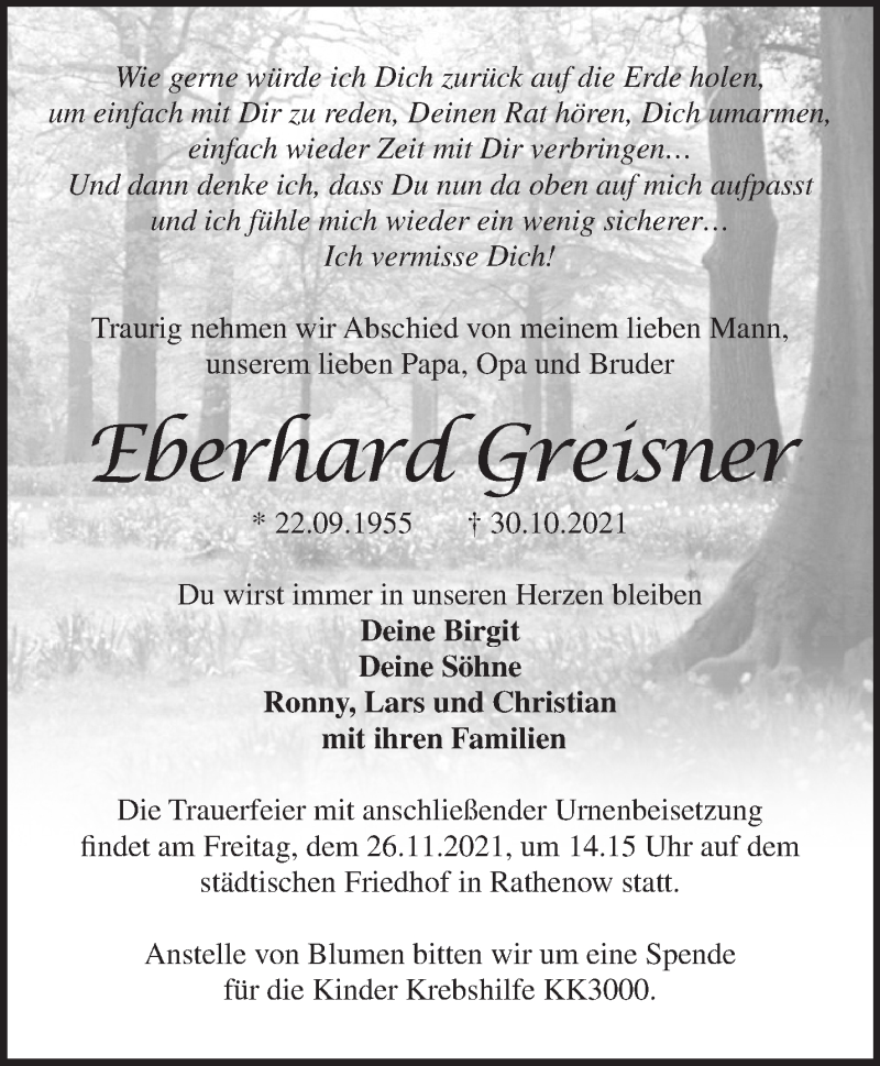  Traueranzeige für Eberhard Greisner vom 07.11.2021 aus Märkische Oderzeitung