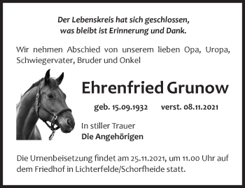 Traueranzeige von Ehrenfried Grunow von Märkische Oderzeitung