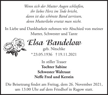 Traueranzeige von Elsa Bandelow von Märkische Oderzeitung