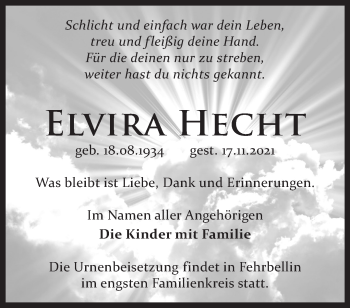 Traueranzeige von Elvira Hecht von Märkische Oderzeitung