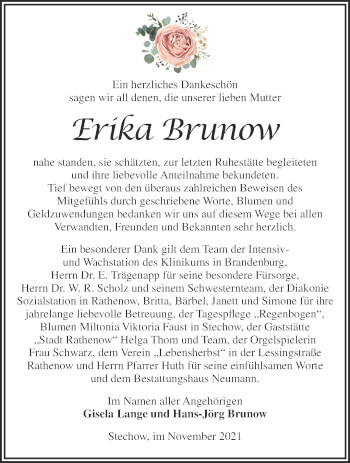 Traueranzeige von Erika Brunow von Märkische Oderzeitung