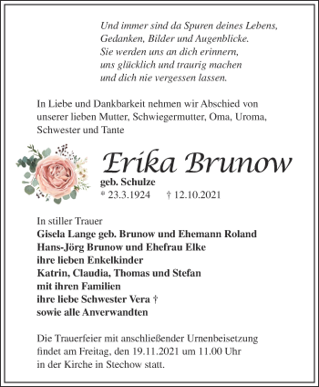 Traueranzeige von Erika Brunow von Märkische Oderzeitung