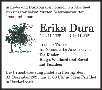 Traueranzeige von Erika Dura von Märkische Oderzeitung