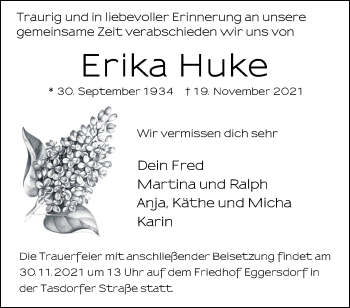 Traueranzeige von Erika Huke von Märkische Oderzeitung