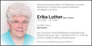 Traueranzeige von Erika Luther von Märkische Oderzeitung