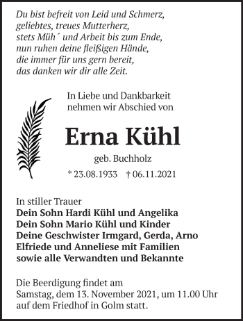 Traueranzeige von Erna Kühl von Märkische Oderzeitung