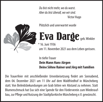Traueranzeige von Eva Darge von Märkische Oderzeitung