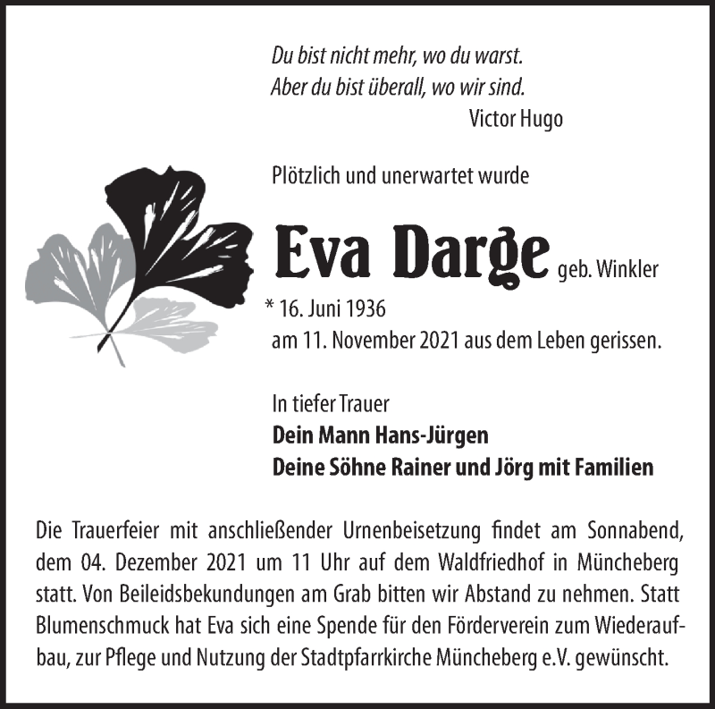  Traueranzeige für Eva Darge vom 27.11.2021 aus Märkische Oderzeitung