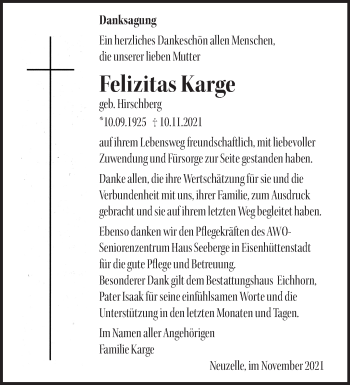 Traueranzeige von Felizitas Karge von Märkische Oderzeitung