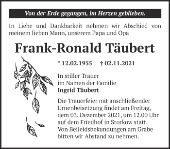 Traueranzeige von Frank-Ronald Täubert von Märkische Oderzeitung