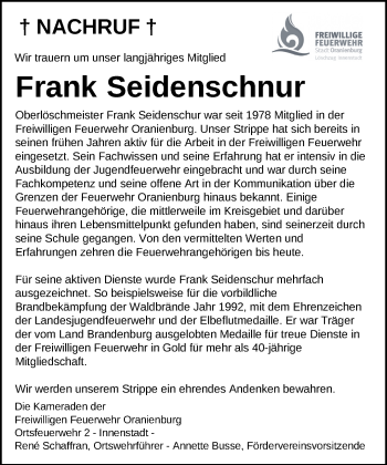 Traueranzeige von Frank Seidenschnur von Märkische Oderzeitung