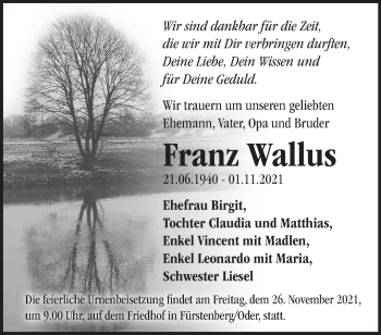 Traueranzeige von Franz Wallus von Märkische Oderzeitung