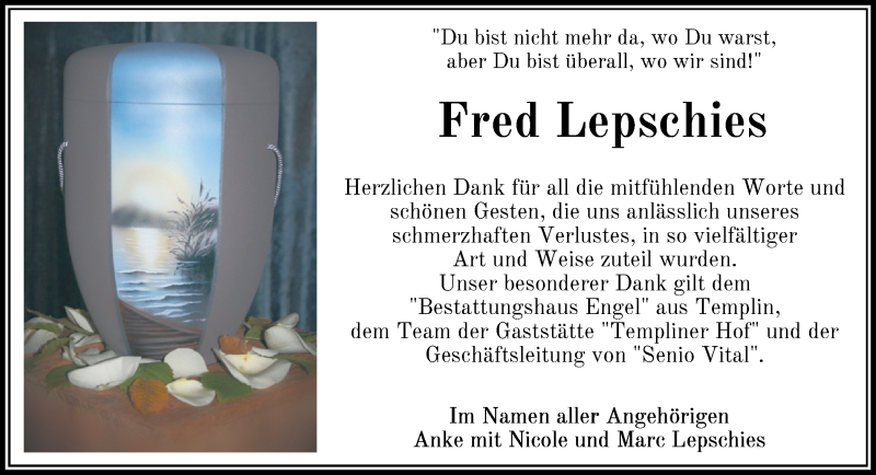  Traueranzeige für Fred Lepschies vom 06.11.2021 aus Märkische Oderzeitung