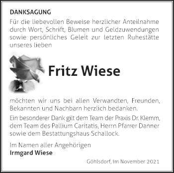 Traueranzeige von Fritz Wiese von Märkische Oderzeitung