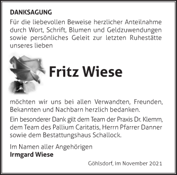 Traueranzeige von Fritz Wiese von Märkische Oderzeitung