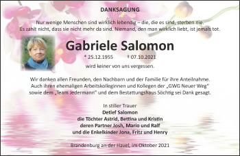 Traueranzeige von Gabriele Salomon von Märkische Oderzeitung