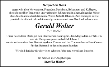 Traueranzeige von Gerald Wolter von Märkische Oderzeitung