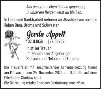 Traueranzeige von Gerda Appelt von Märkische Oderzeitung