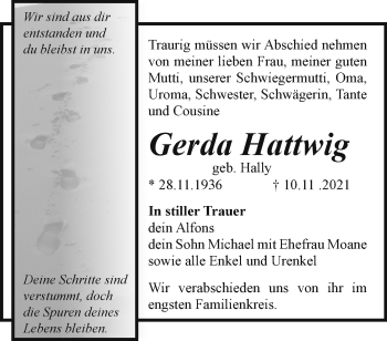 Traueranzeige von Gerda Hattwig von Märkische Oderzeitung