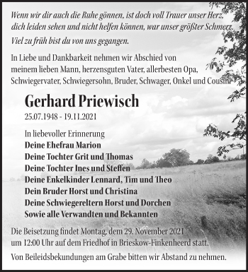 Traueranzeige von Gerhard Priewisch von Märkische Oderzeitung