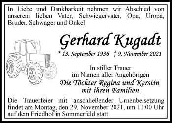 Traueranzeige von Gerhardt Kugadt von Märkische Oderzeitung