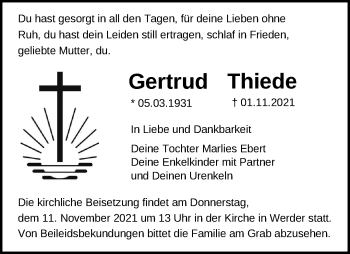 Traueranzeige von Gertrud Thiede von Märkische Oderzeitung