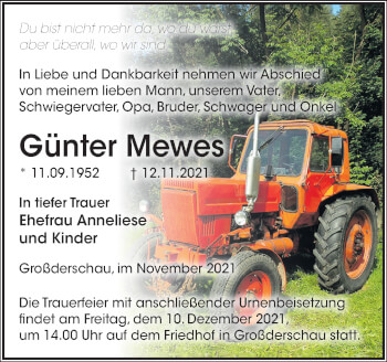 Traueranzeige von Günter Mewes von Märkische Oderzeitung