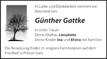 Traueranzeige von Günther Gattke von Märkische Oderzeitung