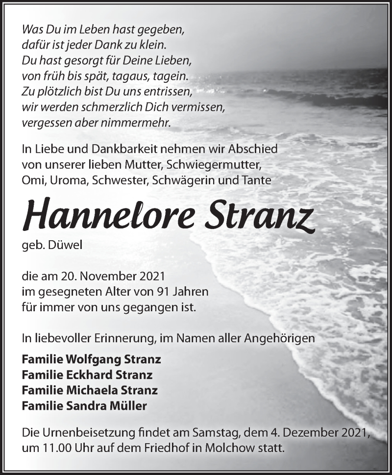  Traueranzeige für Hannelore Stranz vom 27.11.2021 aus Märkische Oderzeitung