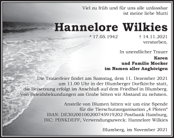 Traueranzeige von Hannelore Wilkies von Märkische Oderzeitung