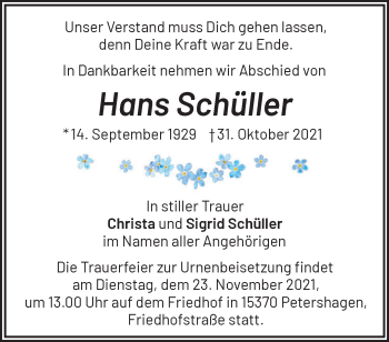 Traueranzeige von Hans Schüller von Märkische Oderzeitung