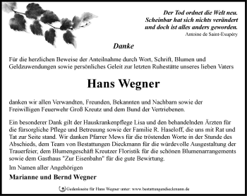 Traueranzeige von Hans Wegner von Märkische Oderzeitung