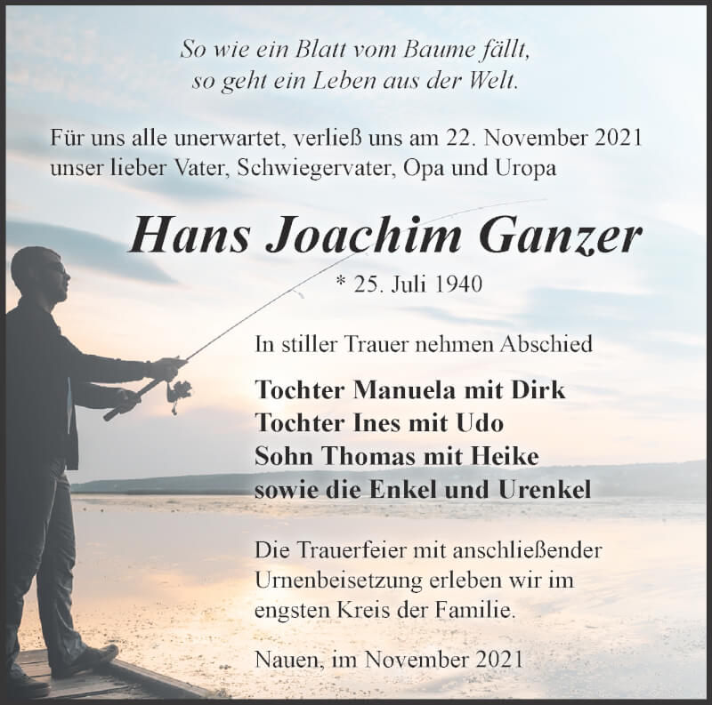  Traueranzeige für Hans Joachim Ganzer vom 28.11.2021 aus Märkische Oderzeitung